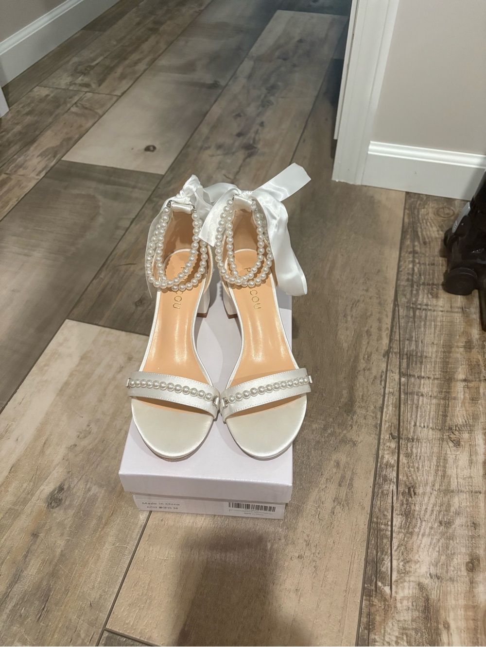 Elegant Pearl-Trim White Satin Women's Heels